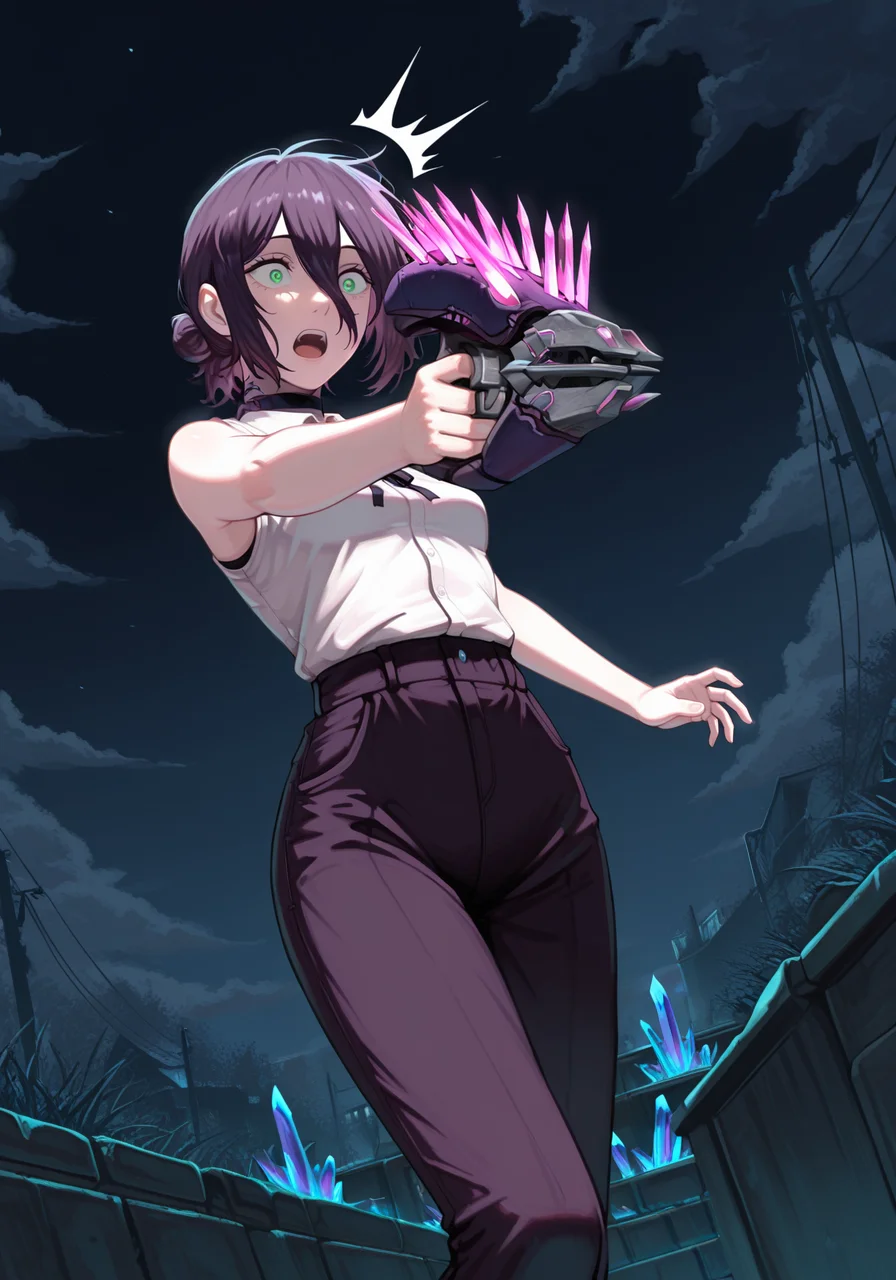 masterpiece, best quality, amazing quality, very aesthetic, absurdres, newest, angle view, reze_\(chainsaw_man\), needler_\(weapon\), 1girl, aiming, solo, ((surprised)), outdoors, night, crystals,<lora:needler.safetensors:1.0:1.0>
