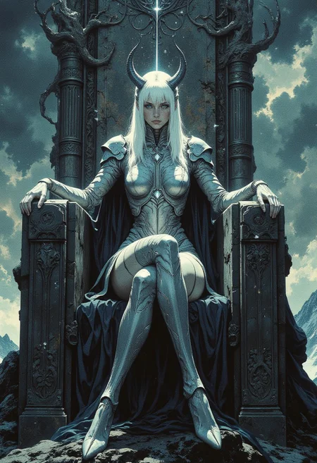 (digital artwork, hyper realistic, rough textures:1.2), nistyle, dark fantasy.
epic dramatic cinematic of a slender woman sitting on her huge throne. the stunning woman leans back, her slump and bored posture, almost manly, an understatement to her ultimate power.
she has long white hair cascading down her shoulders, straight and styled as middle parting.
she wears a delicate lightweight silver armor with tight white accents, the polished silver is unadorned and futuristic.
an soft ethereal glow radiates from the silver and her white hair. on her head a onyx crown, from the delicate base, two sinuous onyx horns grow. 
the chiseled stone throne placed on top of a mountain, set against a cloudy stormy sky, is enormous and brutal in appearance. ornaments of alien origin, otherworldly and evil, decorate it. the woman shines in an angelic glow while the scene overall is dim and lit by cold dramatic light, soft shadows enhance the ominous atmosphere of the cold and harsh environment.