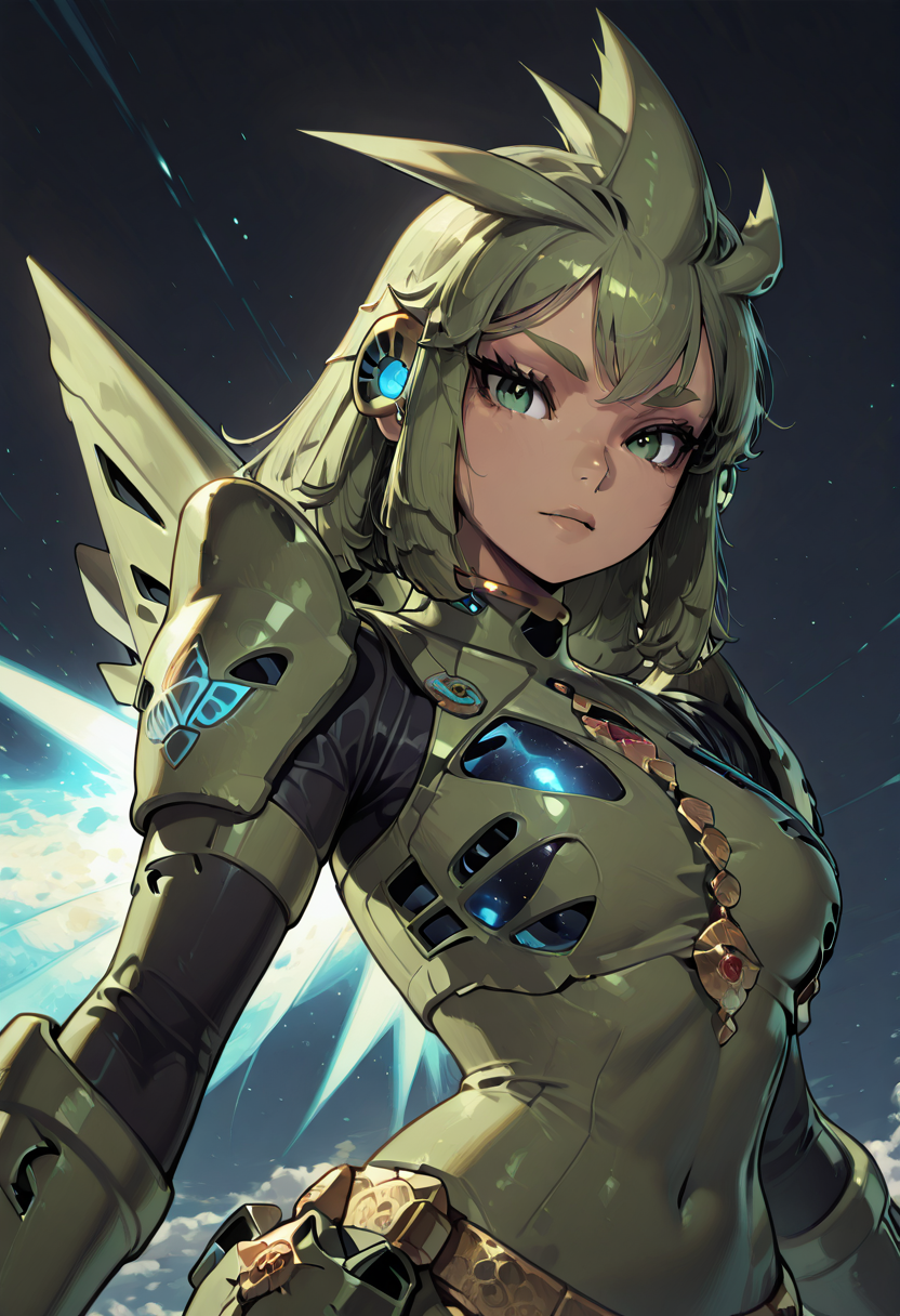 masterpiece, best quality, 1girl, eyelashes, (beautiful eyes), looking at viewer,   (foreshortening, face focus, upper body),   zzRijuT, (silver tyranitar), sci-fi space outfit, white metallic bodysuit, sleek armor plates, glowing blue accents, intricate circuit patterns, high-tech fabric, glowing shoulder pauldrons, integrated utility belt, waist holster, high-tech gloves with built-in gadgets, metallic bracers, futuristic crop top with glowing seams, holographic chest emblem, smooth, form-fitting design, space helmet with reflective visor, futuristic boots with energy-charged soles, jetpack with glowing thrusters, armor, bracelet, futuristic armor, glowing lights, spaceship, stars, nebula, (cosmic background:1.3), (dramatic lighting:1.2), zero gravity, floating, metallic surfaces, glowing panels, sleek armor, high-tech gadgets, space gloves, reflective visor, advanced technology, futuristic city on distant planet, distant galaxies, ethereal glow, mysterious atmosphere,   ,<lora:RijuTyrannitarCitron_IXL:1.0>,