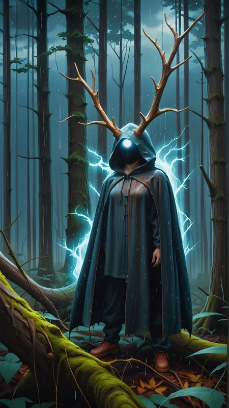 <lora:HornyfierPDXL:1>Hornyfier Oil painting of a mysterious hooded figure standing in the rain, Dark and stormy night, Forest in the background, Mysterious aura, Hooded cloak, Concealed face, Hidden hands, Tree branches, Leaves, Puddles, Dark shadows, Dimly lit, Blue and grey colors, Canvas, Realistic, Detailed, High-resolution, Textured, (Masterpiece:1.3) (best quality:1.2) (high quality:1.1)