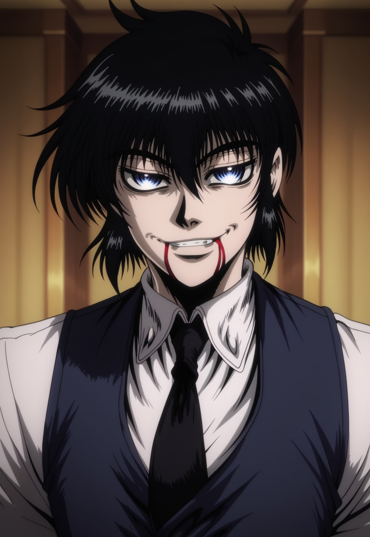 safe_pos, score_9, score_8_up, score_7_up, masterpiece, best quality, YoungWalter, solo, 1boy, male focus, black hair, short hair, blue eyes, white shirt, black necktie, blue vest, black gloves, fingerless gloves, portrait, close-up, evil smirk, blood on face, annoyed, clenched teeth, perspective, indoors, manor, hellsing_ultimate_style