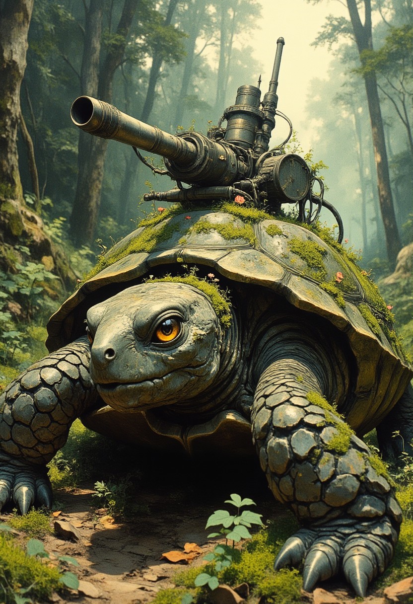 Moss-covered turtle with intricate mechanical parts integrated into its shell and limbs, blending nature and machinery seamlessly. pipes on top of the shell leading to the turret on top of the shell, The moss spreads across its metallic surfaces, with tiny flowers and vines sprouting from the crevices. Gears and pistons subtly visible under the moss, glowing faintly with green and gold light. The turtle rests on a forest floor, surrounded by scattered leaves and soft sunlight filtering through dense foliage. Off-center framing, emphasizing the contrast between the organic and the mechanical.