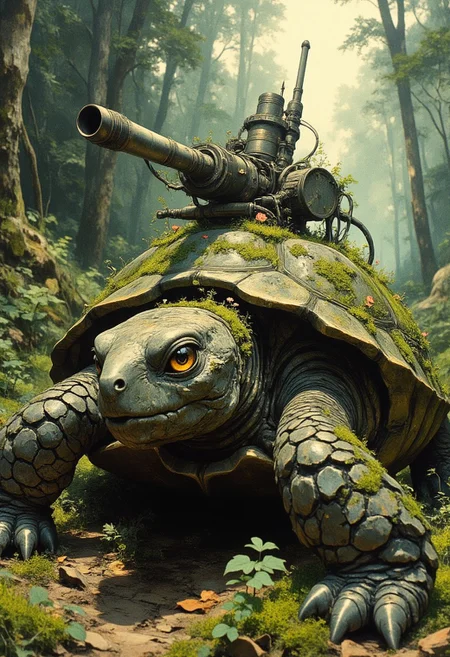 Moss-covered turtle with intricate mechanical parts integrated into its shell and limbs, blending nature and machinery seamlessly. pipes on top of the shell leading to the turret on top of the shell, The moss spreads across its metallic surfaces, with tiny flowers and vines sprouting from the crevices. Gears and pistons subtly visible under the moss, glowing faintly with green and gold light. The turtle rests on a forest floor, surrounded by scattered leaves and soft sunlight filtering through dense foliage. Off-center framing, emphasizing the contrast between the organic and the mechanical.