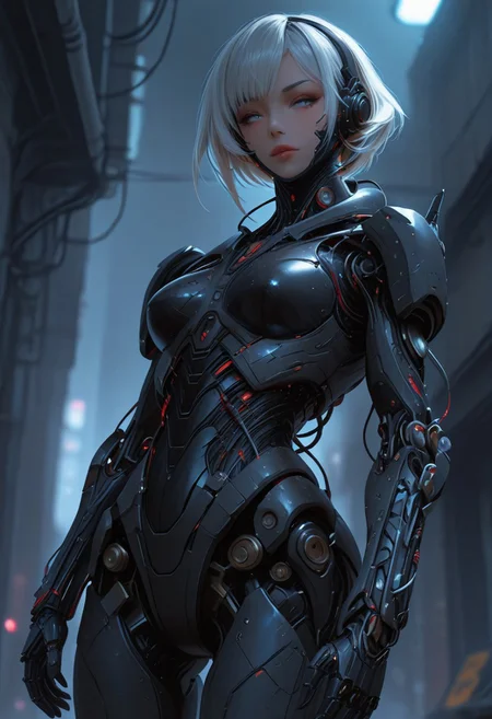 ultra realistic, masterpiece, high detailed skin, best quality, high res, very aesthetic, anime style, studio anime, source_ecchi, anime, (finely detailed face), (petite body:1.3), anime, manga, inksketch, studio anime, faceless android. Significant cybernetic augmentation into neck and spine, and a powerful, segmented white-plated robotic arm and hand revealing underlying red wiring/components. the android wears a simple black tank top, revealing toned musculature alongside the cybernetics. The lighting is dramatic and high-contrast, with a bright backlight illuminating parts of her form and casting deep shadows, set against a blurry, cool-toned cityscape. Focus on functional combat cybernetics, intense focus, and gritty bio-mechanical integration, creating a peaceful and tranquil atmosphere. alluring and erotic atmosphere. dramatic scenery, intricate details, (blurry background, depth of field:1.1), foreshortening, erotic and aesthetic, lascivious pose, dynamic dutch angle, bright colors, stunningly artwork, cowboy shot, mcnm