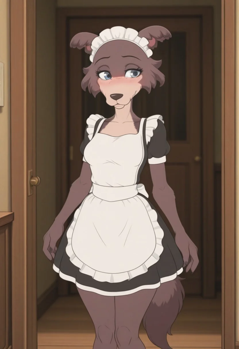juno, wolf girl, brown-purple fur, blue eyes, wolf tail, animal nose, animal ears
((masterpiece, best quality, amazing quality, very aesthetic, absurdres, newest,))
young body, shortstack, short, slender body, petite, small, short legs, skinny legs, minuscule body, tiny, medium breasts, petite body, seductive face, blushing, slutty eyes,
((Embarresed))
beautiful, detailed eyes, perfect face, thick thighs, big butt, detailed hand, seductive look,bedroom eyes
toon \(style\), flat color, black eyes,,
((Maid outfit))