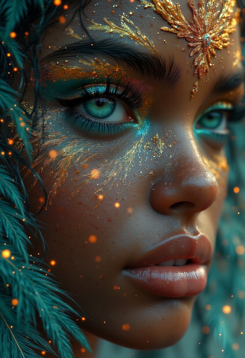 dark skin, the focus is on the right eye, which is accentuated with a vibrant turquoise eyeshadow and a thick layer of mascara. The eye is framed by a delicate gold design, adding a touch of elegance and mystery. The skin is covered in a fine layer of gold glitter, creating a shimmering effect. The background is a blur of gold and blue hues, adding to the overall ethereal and magical feel of the image.