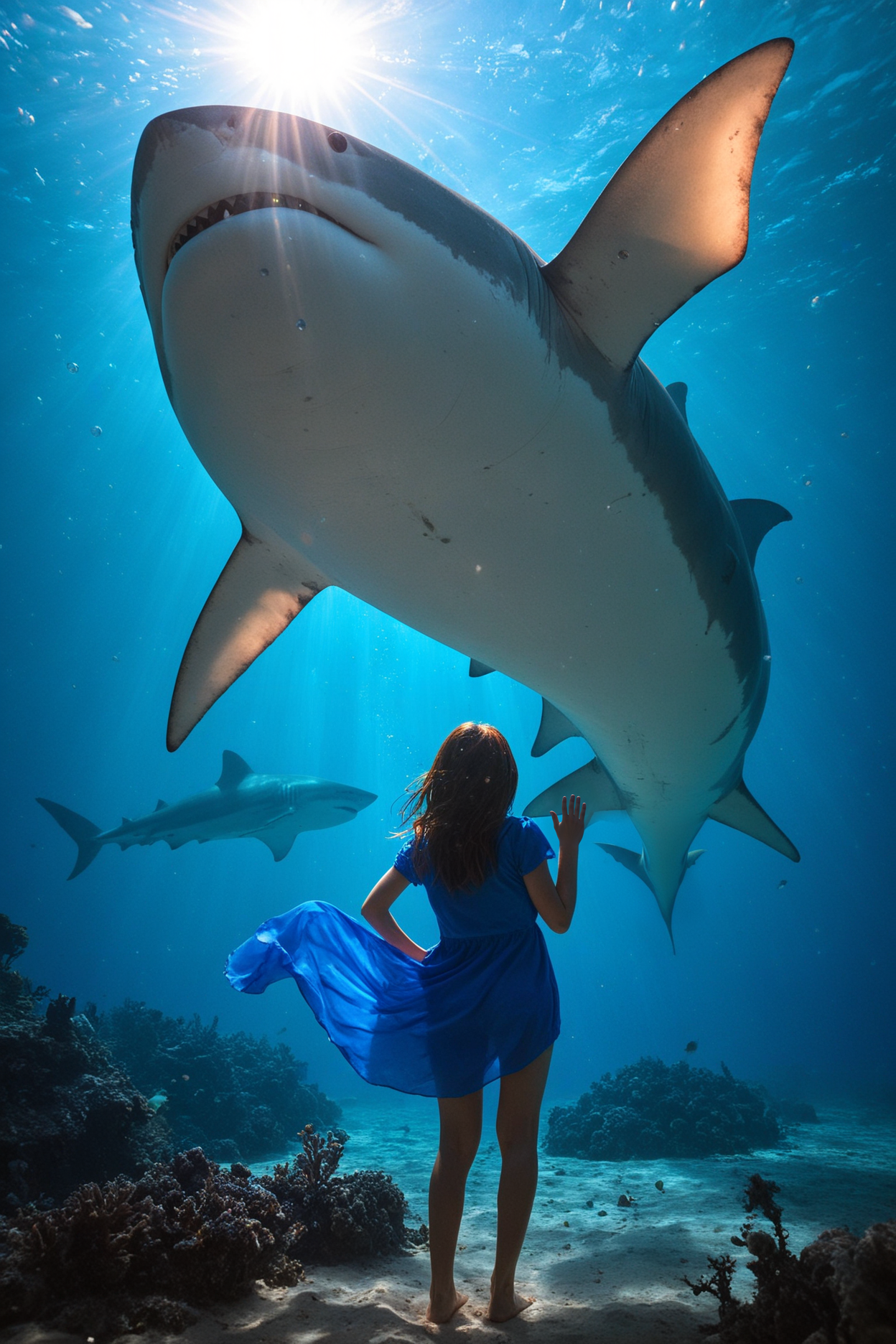 1girl, facing away, monster fish, big fish, sharp teeth, sea, depth of field, lens flare, distortion, waving, arm on hip, foreshortening, long blue cloth, cape, barefoot, masterpiece, best quality, amazing quality <lora:Lora\SDXL\sdxl_offset_example_v10:0.4>, Girl in blue cloth over her body, facing away waving into the distance, shark emerging above girl, underwater, soft lighting, lens flare, bubbles, horror <lora:Lora\SDXL\sdxl_offset_example_v10:0.4>