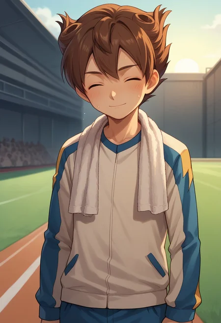 score_9, score_8_up, score_7_up, source_anime, highly detailed, 
tenma, 1boy, male focus, solo, brown hair, closed eyes, jacket, track jacket, track suit, raimon, smile, sweat, towel around neck,
outdoor, sun, day,