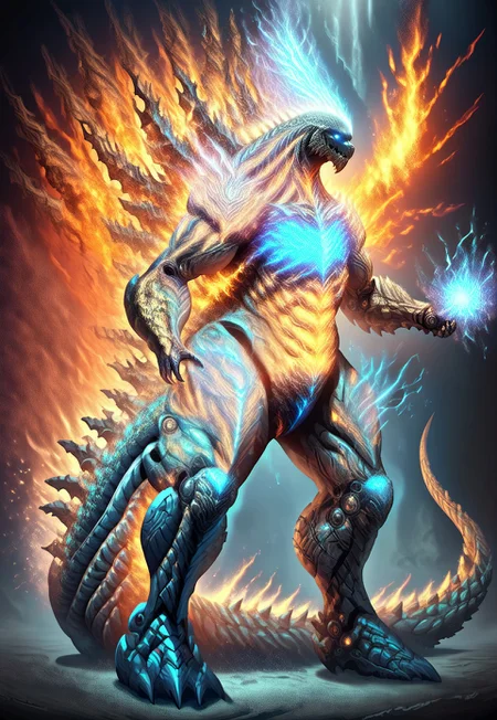 ([masterpiece, best quality, high resolution], score_9, score_8_up, score_7_up, score_6_up, fire, sparks, colorful, electricity, <lora:fflix_inlight:0.75>), (simple background, ulblackholetech, crystaltech, magic fog, excessive energy, scifi, ral-dstgrtptrn, cmth, fflix_inlight, ral-sprnva), (uncensored, (full body), horns, solo, detailed face, 1other, silver eyes, silver eye trail, glowing eyes), (neck tattoo, arm tattoo, leg tattoo, mechanical arms, giant mechanical arms, mecha musume, mechanical tail, muscular body, bulky torso, muscular arms, long arms, long legs, intricate glowing aether tattoos, runemagic), (red theme, anthro, alien, monster, kaiju, horn, spikes, bone, red eyes, no pupils, black body, white body, two tone body, exoskeleton, shin_godzilla, godzilla_earth, glowing veins, glowing body), (fiery patterns, fire elemental spirit, magmatic explosion, smoke, stardust, golden milky way, magic fog, lumina, mystical, multicolored, glowing, magic swirling, glowing magical energy)