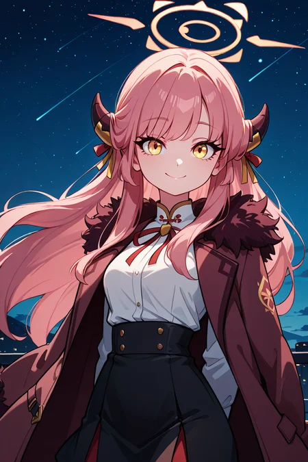masterpiece, best quality, 1girl, solo, 21 year old model, eyelashes, (beautiful eyes), ,,,zzAru, yellow eyes, pink hair, long hair, demon horns, halo brown coat, white shirt, black skirt, red ribbon, fur-trimmed coat , <lora:AruBlueArchiveIXL:1.0>,,, smile, looking at viewer, stars, night, luminescent background, <lora:GoldenCATLoraIXL:0.8>, <lora:princess_xl_v2:0.3>,
