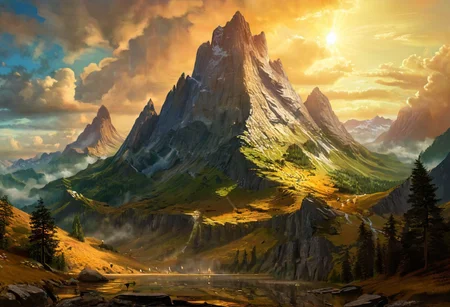 landscape scene reflecting the strength and solidity of earth, majestic mountains, lush forests, cavernous underground realms, golden hour, realistic, incredible, ultra-detailed, unique perspective, mysterious colossal creature towering in the distance