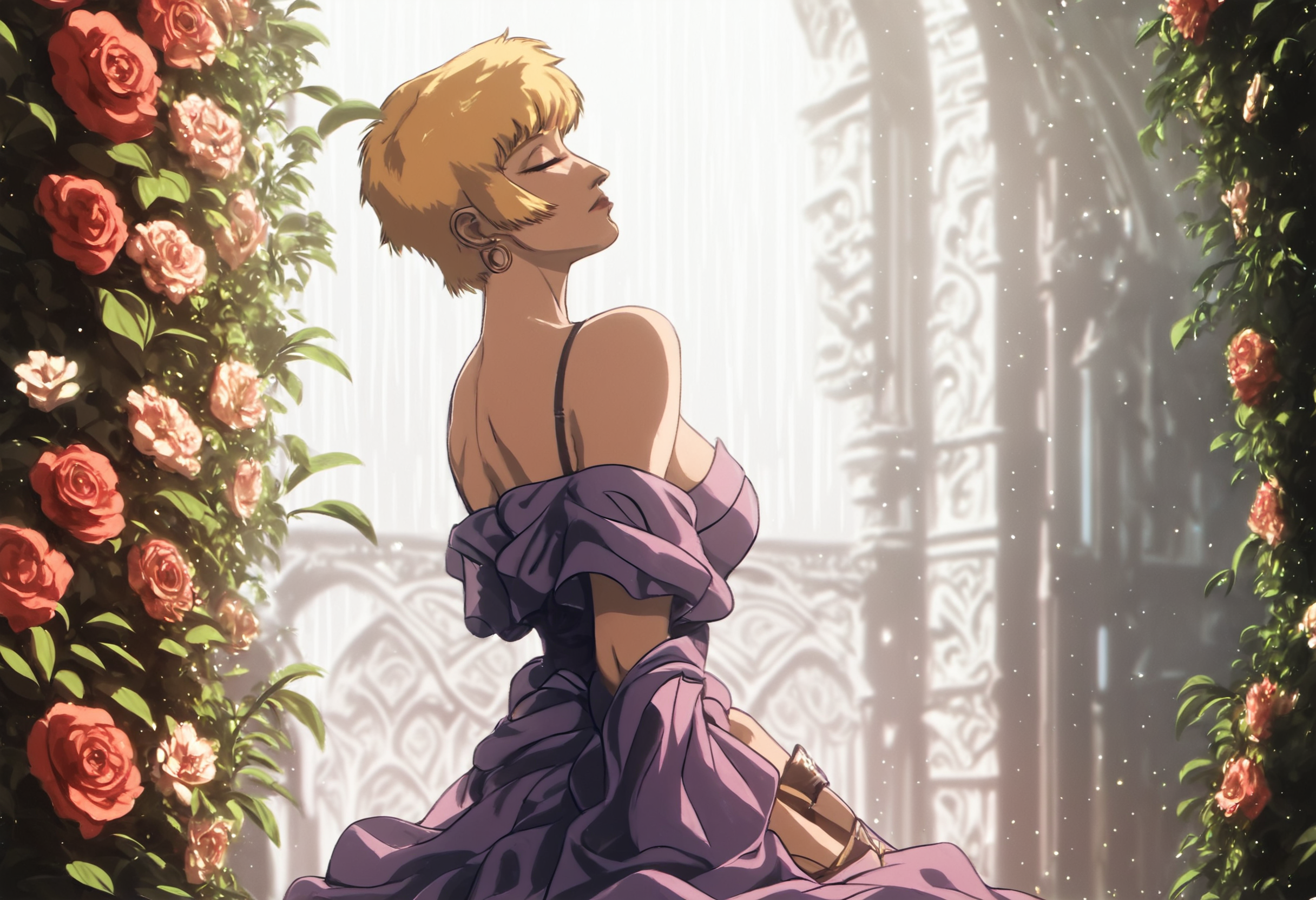score_9, score_8_up, score_7_up, score_6_up, score_5_up, score_4_up,
solo, leila marcus, full body, beautiful elaborate wedding (purple dress), exposed shoulders, side view, flower bouquette, god rays, cinematic, bokeh, depth of field