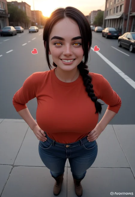 18dart3, ASCII high detail,<3, !!, motion lines, 34 years old, rating_safe, perfect face, very close-up, 1girl, Hands on hips Pose, outdoors,  newyork times square street, sunset, , light beams coming in, ((Above Angle)), Nayuta, ringed eyes, red eyes, hair over one eye, single braid, black hair, half closed eyes, yellow eyes,  (Heavy breathing expression), frown, freckles on face, (very red blush), urban clothes, denim jeans, spreadassms, (full body), ((Light Brown Work Boots)), massive breasts, wide hips, bottom heavy, solo, thick eyebrows,  d-art, grin score_9, score_8_up, score_7_up, score_6_up, source_cartoon,