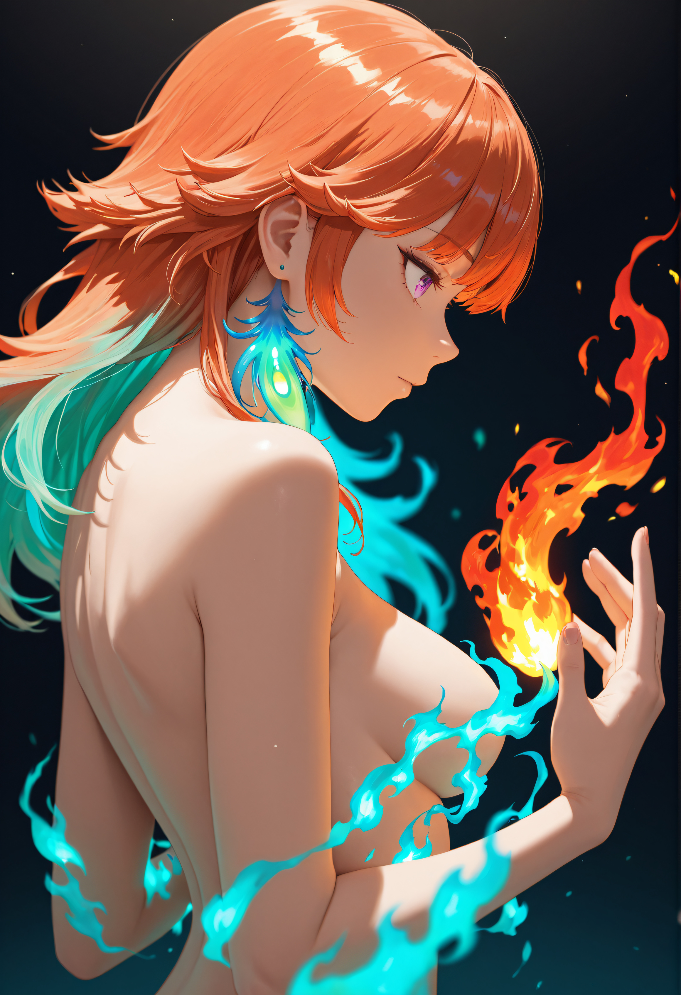 abstract, takanashi_kiara, red flame, fire, blue flame, green flame, backlight, nude, upper body, view from side, masterpiece,best quality,amazing quality,absurdres, depth of field, Convenient censoring