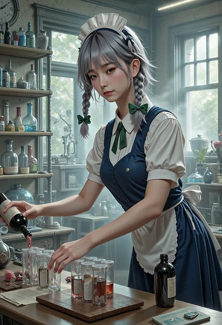 A masterpiece, ultrarealistic, natural colours of morning light, photorealistic scene, intricate interior of a laboratory, rich in detail, chemistry equipment in the background, a clock, (flat chest, lean, small-breasted, tiny tits, bustless, unbuxom, narrowed eyes, nothing clingy, no make-up, without make-up, adult:2),
flat chested experienced scientist Izayoi Sakuya with no make-up is leaning over table, holds a wine bottle and concentrates with narrowed eyes on pouring wine into a row of steaming test tubes lined on the table without paying attention to the viewer, slender, short silver hair, twin braids, green bows, green bowtie, loose blue maid uniform, mid dress, maid headdress, detached collar, white apron, pocket watch, 
<lora:Hand v2:1.1> Detailed hand, Hand, Perfect hand,
<lora:ADetailerNetidolFace_flux:0.6>, ((realistic)), ((fair skin)), ((skinny)), 1girl, idol, jpop, kpop, belle, pretty, petite, parted lips, light smile, 
<lora:best_of_flux_v30_rank64_bf16-step01750:1> best_of,