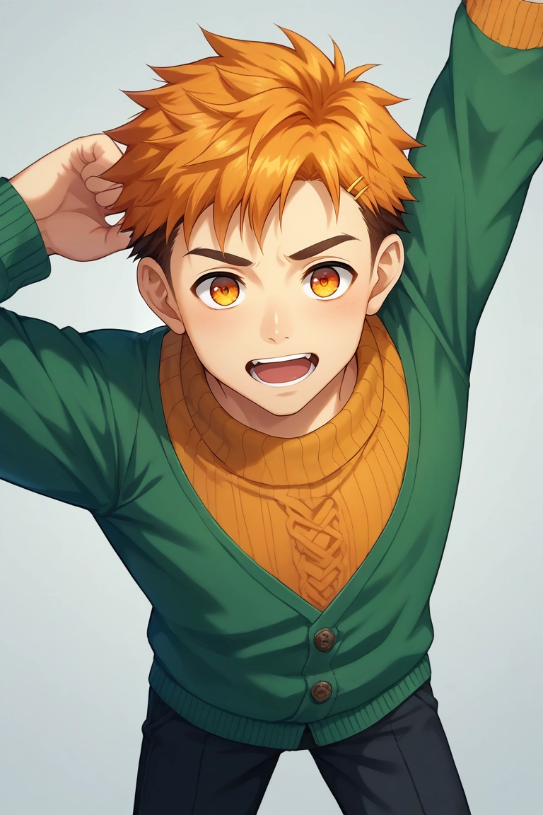 score_9, score_8_up, score_7_up, source_anime, rating_safe, , , , , 1boy, solo, male focus, <lora:hiro_akiba_pony:0.9>, hiro_akiba, orange hair, orange eyes, short hair, multicolored hair, brown hair, , close-up, niagara falls, dark, paw pose, open mouth, male Elderly Ripped, Central Asian, Chestnut eyes, Upswept Ears, Snub Nose, Strong Thighs, , Peach Cornrows hair, Annoyance, wearing Mosaic Teal Barkcloth Chinos, Cardigan sweater, Suede sneakers, ,, Leaning back with hands behind head, showing relaxation, <lora:sdxl_lightning_8step_lora:1>