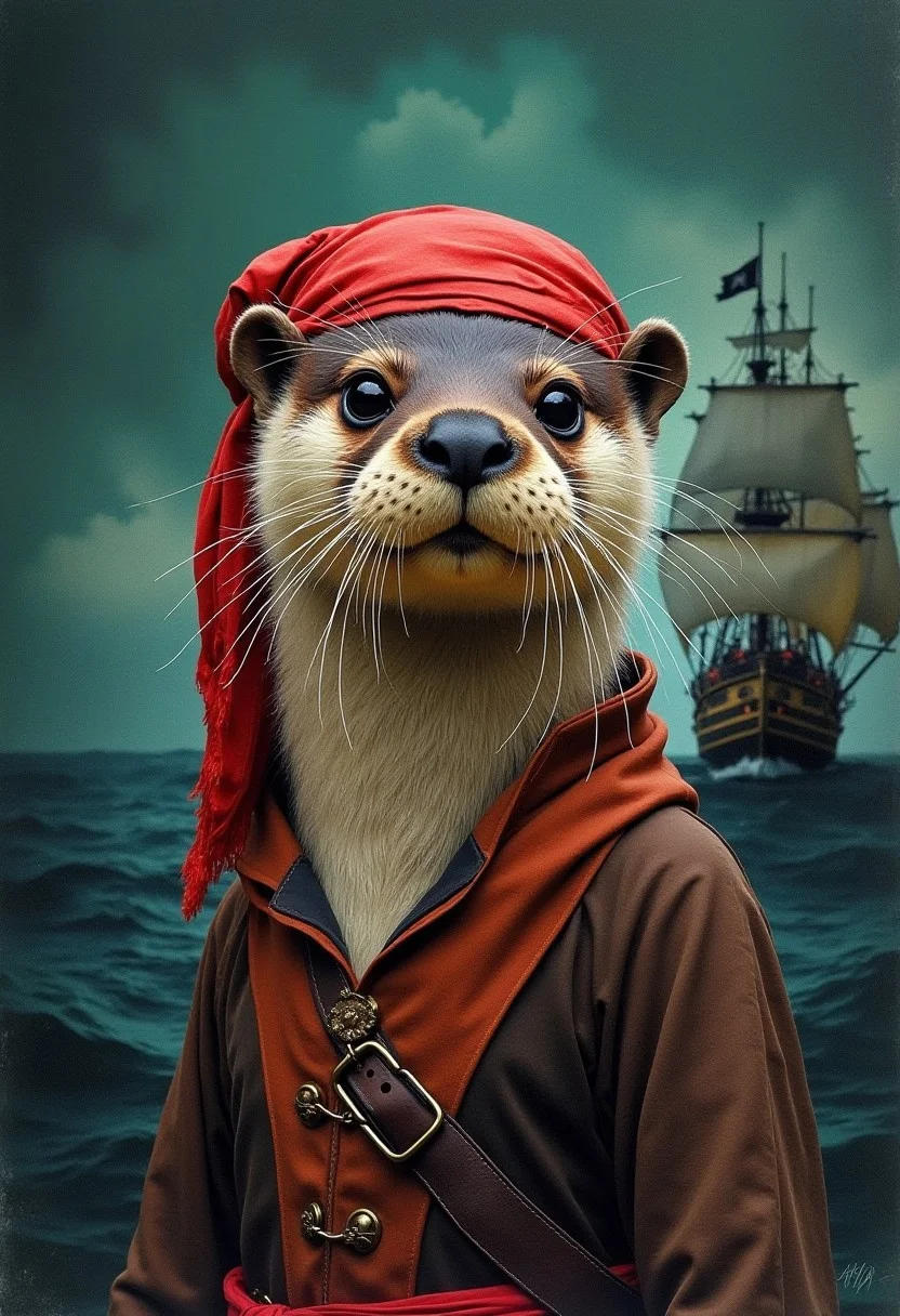 an otter, dark brown fur, black eyes eyes, short sleek fur, wearing an old fashioned pirates outfit with headscarf, old fashinoned sailing ship with human pirates in the background, triadic colors, vibrant colors, complex background, (watercolor painting:3), High detail, rich, intricate details, dark green background, night, natural realistic face proportions