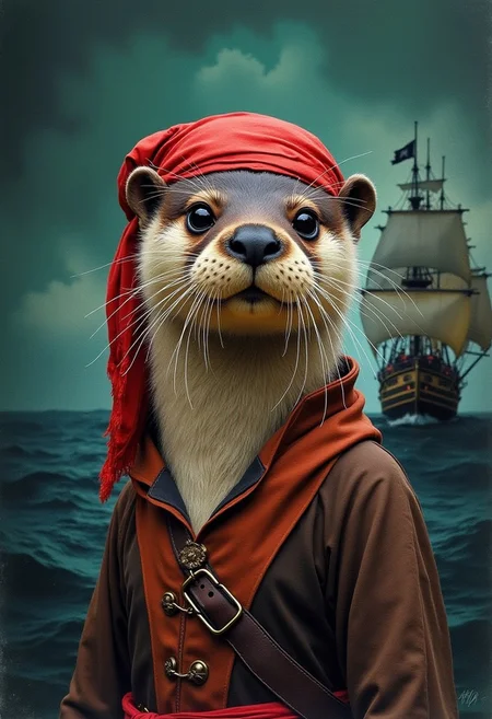 an otter, dark brown fur, black eyes eyes, short sleek fur, wearing an old fashioned pirates outfit with headscarf, old fashinoned sailing ship with human pirates in the background, triadic colors, vibrant colors, complex background, (watercolor painting:3), High detail, rich, intricate details, dark green background, night, natural realistic face proportions