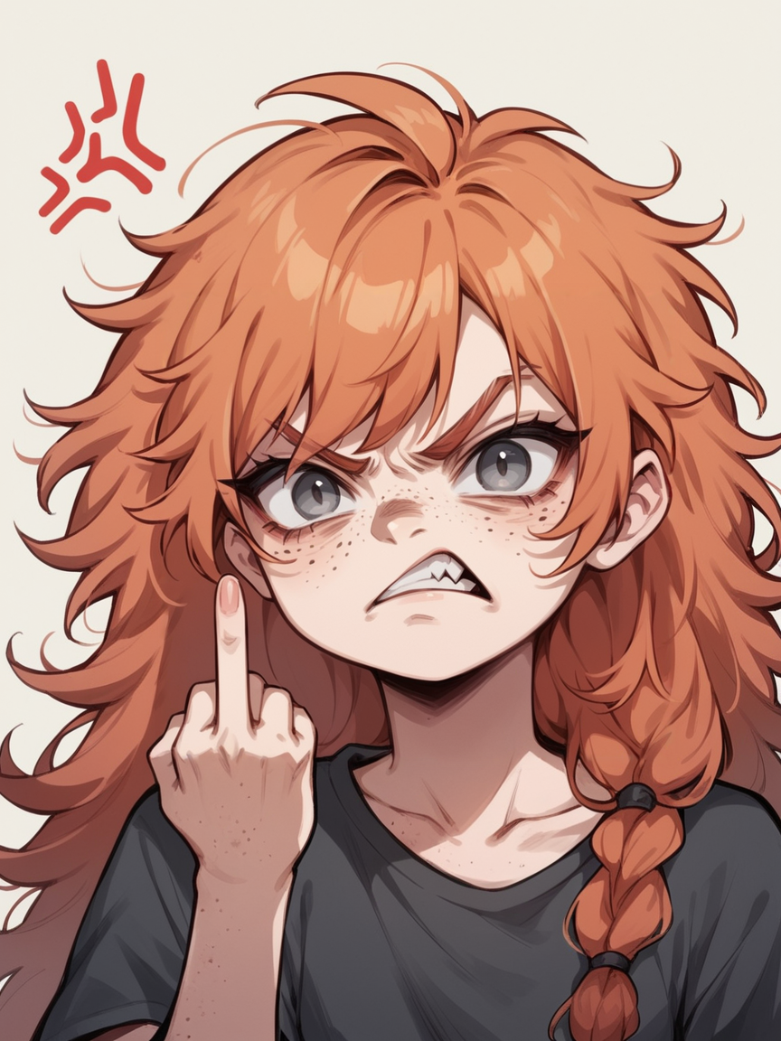 score_9, score_8_up, score_7_up, score_6_up, <lora:3m0t3XLP:1>3m0t3, ginger hair, middle finger, angry, grumpy, 1girl, freckles, grey eyes, long hair, Fr3ckles, <lora:Fr3ckledXLP:0.2>