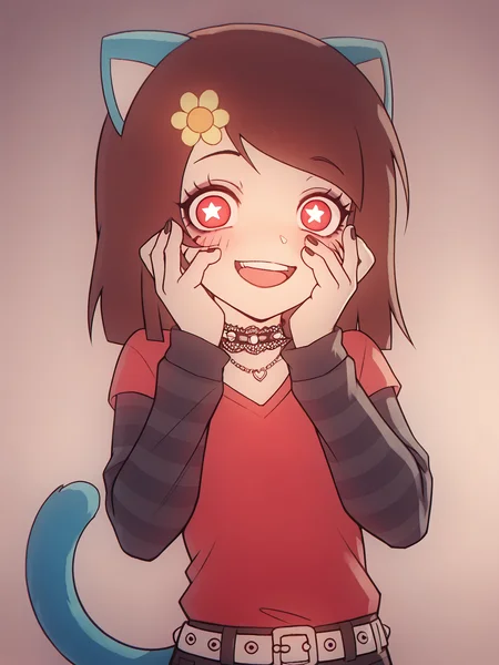 score_9, score_8_up, score_7_up, score_anime, rating_explicit, uncensored, BREAK, <lora:Gumball-Girl_PDXLv1:0.7> gumball-girl, brown hair, whisker markings, star-shaped pupils, cat ears, cat tail, solo,  <lora:emo-fashion-ponyxl-lora-nochekaiser:1> emo fashion, torn sweater, two-tone sweater, sweater under shirt, striped sweater, lace-trimmed choker, belt chain, red sweater, black sweater, goth fashion <lora:yandere-trance-ponyxl-lora-nochekaiser:1> yandere trance, yandere, hands on own cheeks, hands on own face, crazy eyes, crazy smile, crazy, glowing eyes, symbol-shaped pupils, hand on own face, open mouth, glowing, blush, looking at viewer,
