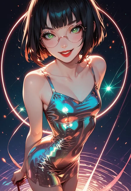score_9, score_8_up, score_7_up, score_6_up, rating_questionable,y0mUy4k4d4sh1, 1girl, Polly, PollyRH, short hair, bobcut, black hair, bangs, green eyes, small breasts, almost flat chest, slim, pale skin, big round eyeglasses, clear eyeglasses lenses, nice round ass, red lipgloss, HD32k, dynamic pose, aesthetic, perspective, solo, detailed, sensual look, pinup pose, night, outdoor, , sensual look, pinup pose, starrynightdress, front view, high angle view, smiling