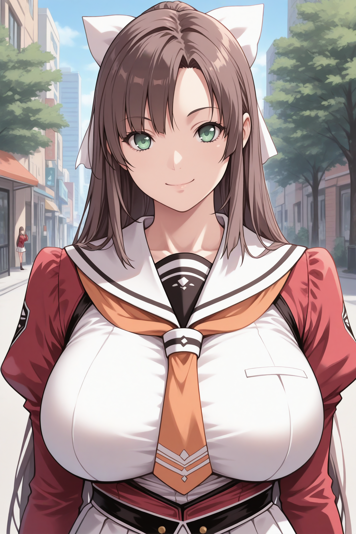 masterpiece, best quality, 1girl, solo, <lora:toudouerika-illu-nvwls-v1-000006:1> tdoeri, brown hair, long hair, green eyes, hair bow, white bow, big breasts, white sailor collar, orange necktie, red jacket, juliet sleeves, white shirt, white skirt, pleated skirt, upper body, looking at viewer, smile, blue sky, city street, tree