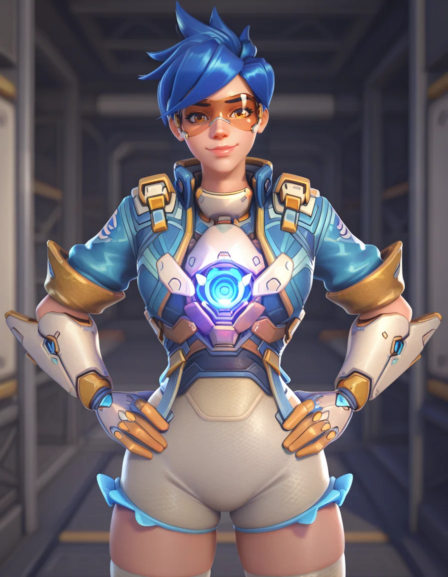 Masterpiece, high-res, 2k, best quality, 2.5d, 1girl, hero of heart, tracer (overwatch) , googles, harness, cowboy shot<lora:Hero_of_Heart_Tracer_Illus-000037:1> Hands on either hip, Cosmic Journey through Time and Space