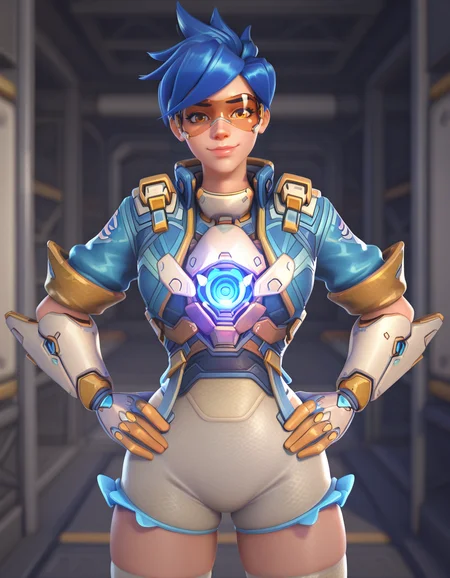 Masterpiece, high-res, 2k, best quality, 2.5d, 1girl, hero of heart, tracer (overwatch) , googles, harness, cowboy shot<lora:Hero_of_Heart_Tracer_Illus-000037:1> Hands on either hip, Cosmic Journey through Time and Space