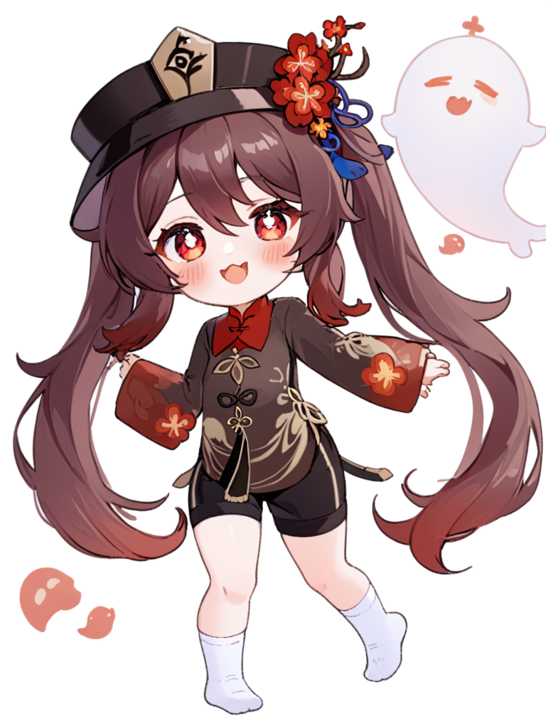 <lora:è¡æ¡:1>ï¼1girl, hu_tao_\(genshin_impact\), ghost, boo_tao_\(genshin_impact\), hat, chibi, red_eyes, brown_hair, twintails, solo, long_hair, symbol-shaped_pupils, simple_background, long_sleeves, looking_at_viewer, smile, white_background, flower, shorts, hat_flower, open_mouth, blush_stickers, black_shorts, :d, socks, ghost_pose, bangs, full_body, sidelocks, hair_between_eyes, :3, chinese_clothes, white_socks