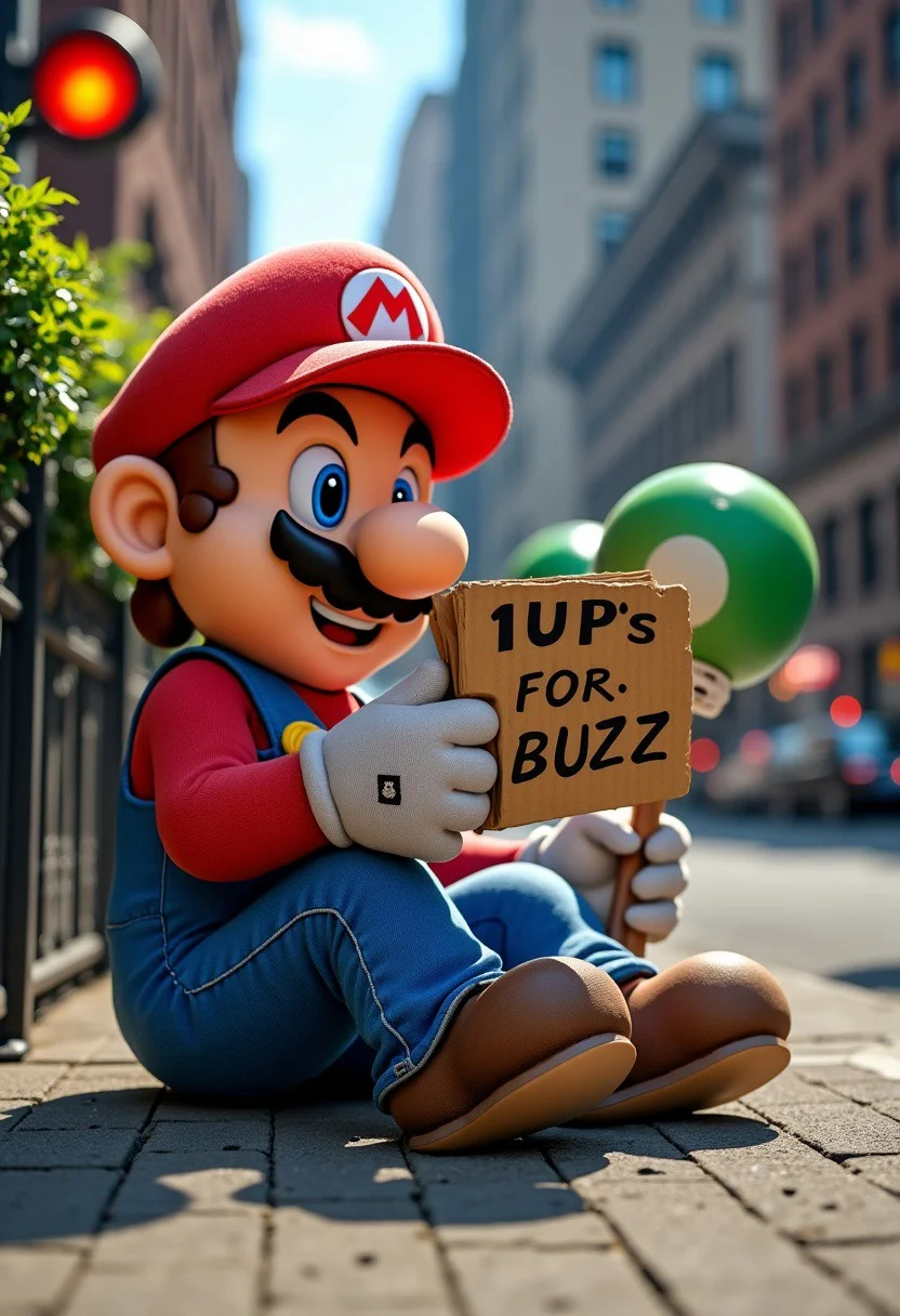 Super Mario holding a glowing green mushroom and a cardboard sign that says '1UP's FOR BUZZ', while sitting on a city sidewalk, begging, Gnu York City, New York, CGI