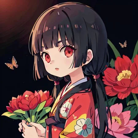 enma ai, hair down, hair black, bangs, eyes red, masterpiece, best quality, ultra-detailed, illustration, 1girl, solo, highres, photorealistic, ultra high res, (Original illustration composition), (fusion of limited color,Maximalism artstyle, kimono obi fashion, double exposure, background, illustration, Amazing, lily spider, night darkness, open one's mouth, finger, bouquet flowers red, low twintails, (polychromatic peony:1.15), Movie poster,