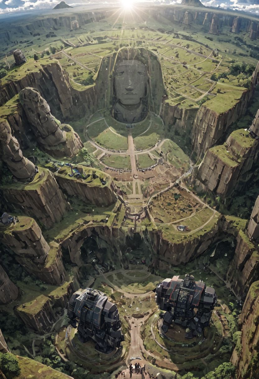 (Moai statue WITH Huge  mecha robots, ON easter island:1.5), 
(Ancient megalithic civilization, Azka Lines, on Easter Island:1.1), (The colonial city of the future, in the mist-filled Grand Canyon, on an unknown Earth-like planet, 2 moon on sky, Spaceship flight connects colonies, waterfulls:1), (Machu Picchu, a mountain settlement, incredibly spectacular:1),  (avant-garde, future, reality, science fiction, photorealistic), White limestone with black granite, fountain, waterfall, landmark, square, path, narrow street, (Large Files, Ultra Realistic, 8K, 16k, FHD, HD, VFX, Perfect, Photography, composition, Architecture Sales Photography, Architecture Competition, Ultra High Resolution, Cinematography, High Resolution Image:1), (dramatic lighting, direct sunlight, ray tracing, clear shadow:1), (real landscape:1), (blurred background:1.0), (urban background, more_details) ,
extremely detailed, industrialbuilding, drdnght machine, spstation, mayamaze, caveruinsAerial