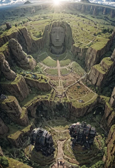 (Moai statue WITH Huge mecha robots, ON easter island:1.5),
(Ancient megalithic civilization, Azka Lines, on Easter Island:1.1), (The colonial city of the future, in the mist-filled Grand Canyon, on an unknown Earth-like planet, 2 moon on sky, Spaceship flight connects colonies, waterfulls:1), (Machu Picchu, a mountain settlement, incredibly spectacular:1), (avant-garde, future, reality, science fiction, photorealistic), White limestone with black granite, fountain, waterfall, landmark, square, path, narrow street, (Large Files, Ultra Realistic, 8K, 16k, FHD, HD, VFX, Perfect, Photography, composition, Architecture Sales Photography, Architecture Competition, Ultra High Resolution, Cinematography, High Resolution Image:1), (dramatic lighting, direct sunlight, ray tracing, clear shadow:1), (real landscape:1), (blurred background:1.0), (urban background, more_details) ,
extremely detailed, industrialbuilding, drdnght machine, spstation, mayamaze, caveruinsAerial