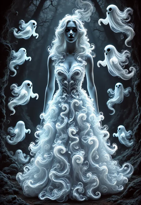 aidmafluxpro1.1, SW1RLYGH0ST,
A pale woman is wearing a glowing dress made of ghosts. she has a pale skin, detailed blue eyes and red lipstick. The scene is set in a dark twisted forest where swirly ghosts are flying around here.
masterpiece, best quality