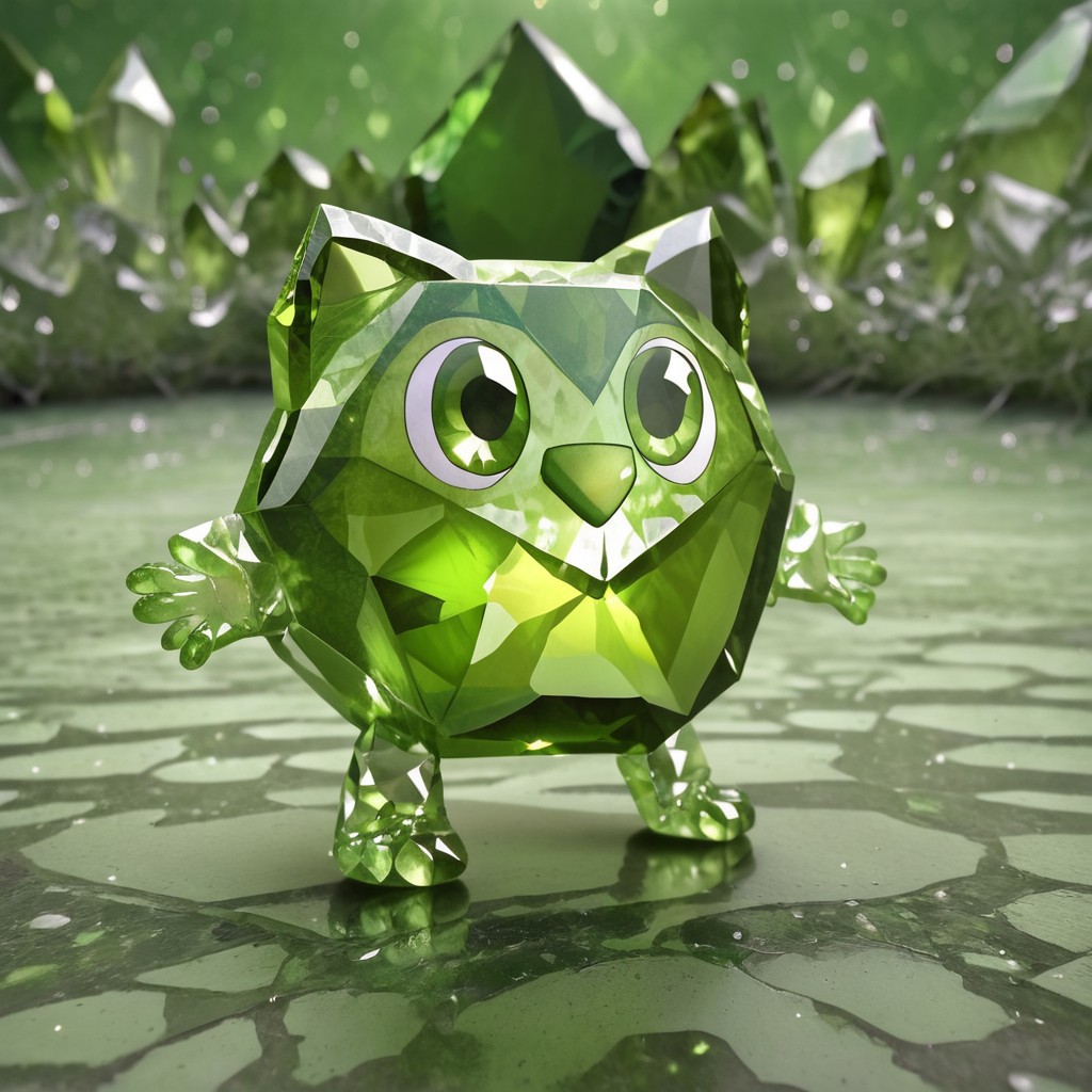 green gemstone, crystal, gem, shiny, peridot, happy frog, full body, detailed background, depth of field, subsurface scattering, ral-chrosc-clr, hud_per1d0t_wrld, green gemstone, crystal, gem, shiny