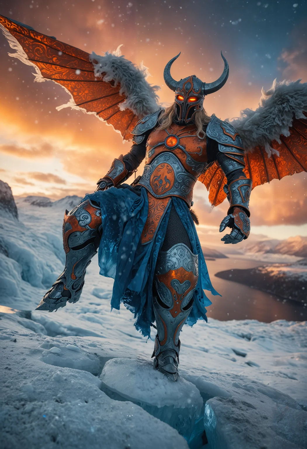 High-contrast moody photograph, dynamic moment, fantastical Mecha Viking with wings and armored physique soaring through winter landscape, Valhalla Island suspended ethereal sky, snowflakes drifting amidst swirling clouds, rich color palette (icy blues, deep blues, fiery oranges), norway, fjord, high-quality detailing metallic textures on armor, sunset, haze