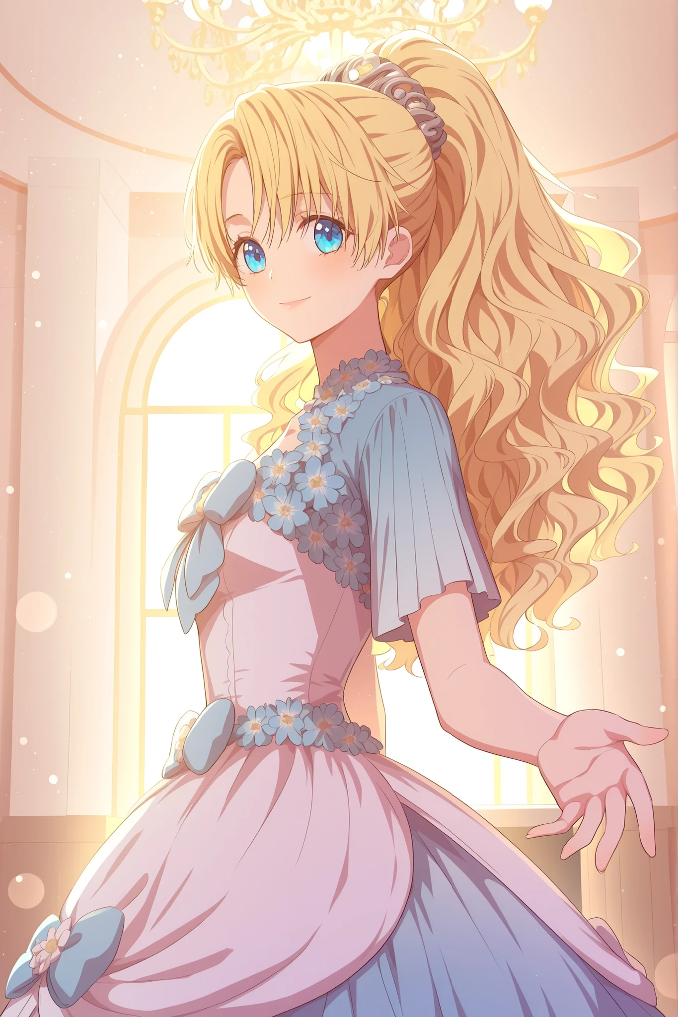 masterpiece, best quality, absurdres, high quality, detailed illustration, romantic atmosphere, blueruffledballgown, 1girl, solo, athanasia, blonde hair, blue eyes, long hair, wavy hair, curly hair, ponytail, high ponytail, hair ornament, dress, blue dress, white dress, layered dress, ball gown, ruffles, short sleeves, bow, blue bow, flowers trim, looking at viewer, elegant smile, graceful pose, soft lighting, indoors, ballroom, chandelier light, detailed background, bokeh, portrait