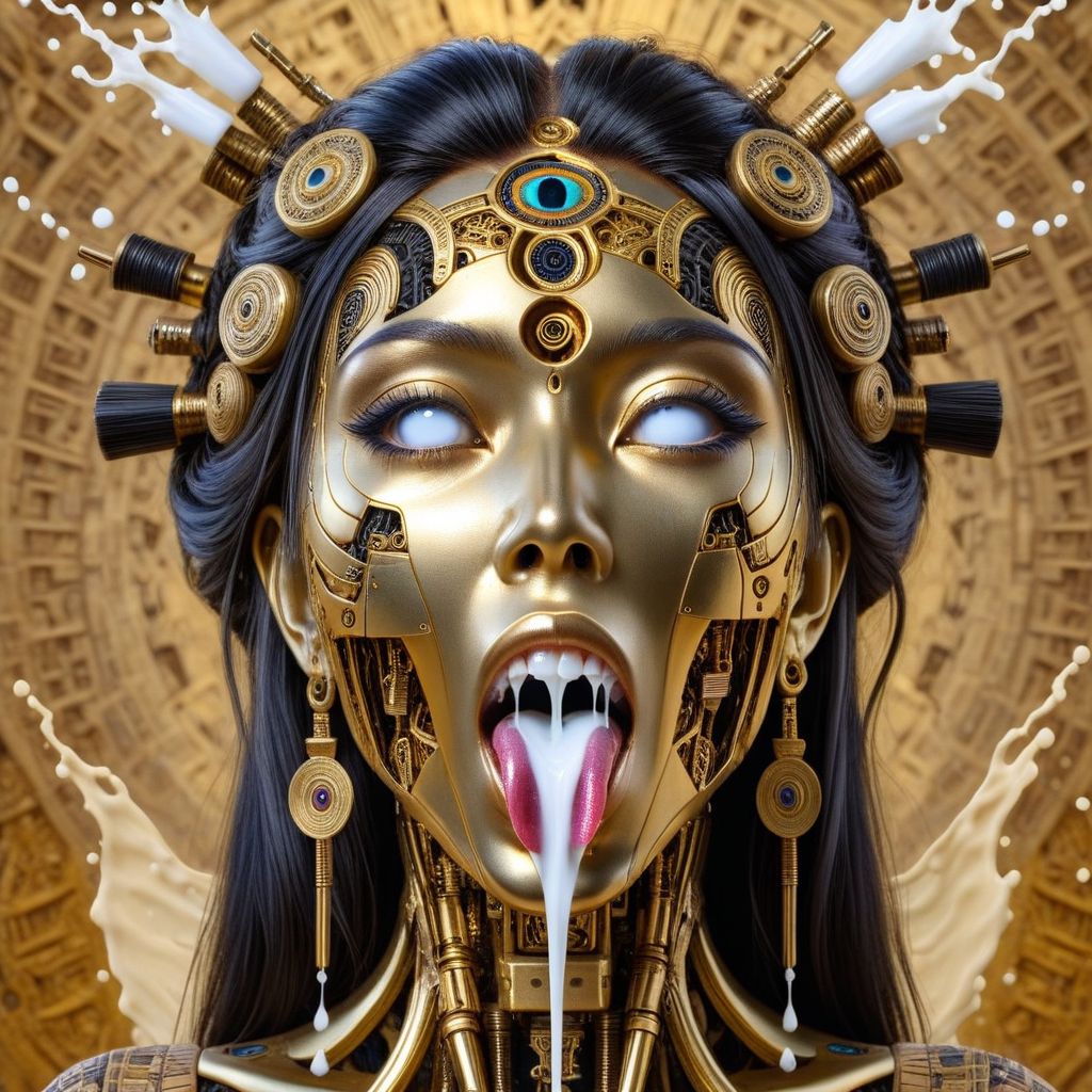 <lora:Kali_Yuga_Kali:1> kali, 
makeup, mechanical parts, long hair, facial, black eyes, black themed, portrait, cum, science fiction, gold , open mouth, american woman, psychedelic background, forked tongue, mayan themed, cumsplash,  realistic, mouthful,