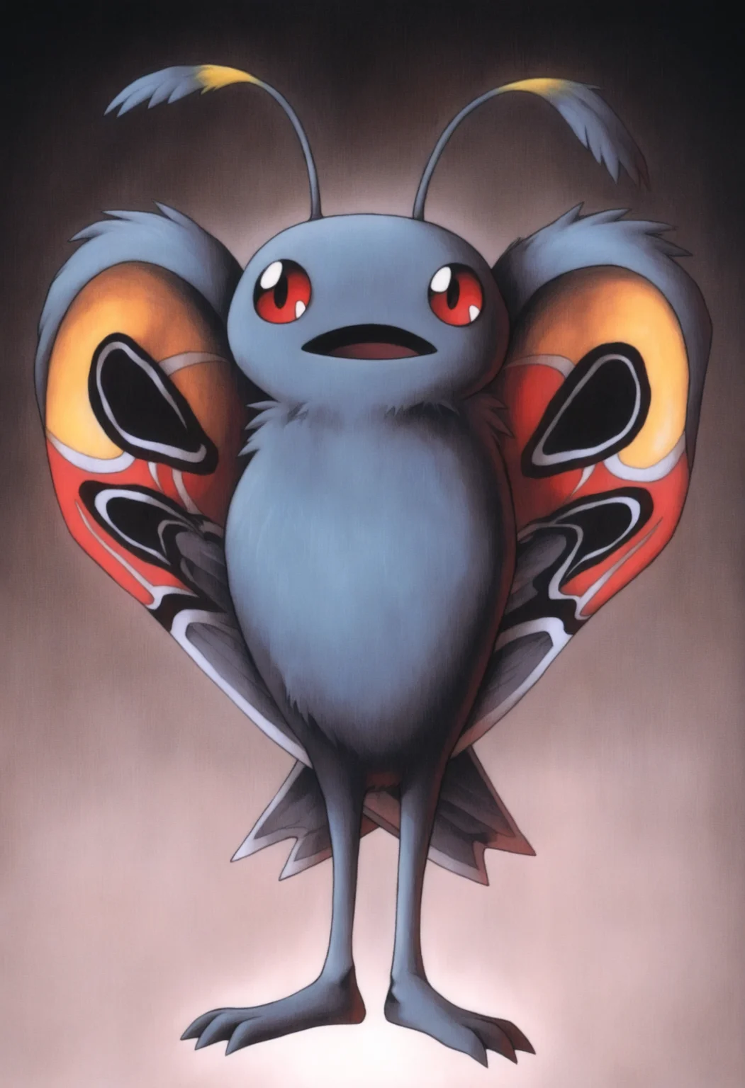 masterpiece, best quality, solo, , , looking at viewer, <lora:FF7-Offical-Art-illus_Fp:1>, 1990s \(style\), simple background, full body, <lora:Mothman-illus_Fp:1>, mothman, pokemon \(creature\), no humans, wings, open mouth