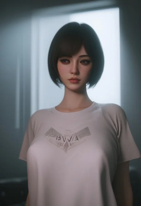 Score_9, score_8_up, score_7_up, detailed, realistic, hd, 4k, 1girl, solo, close-up, brown eyes, bob cut, upper body, t-shirt, looking away, facing away, freckles, indoors, hands focus, chiaroscuro, dark room, soft lighting, bedroom, windows