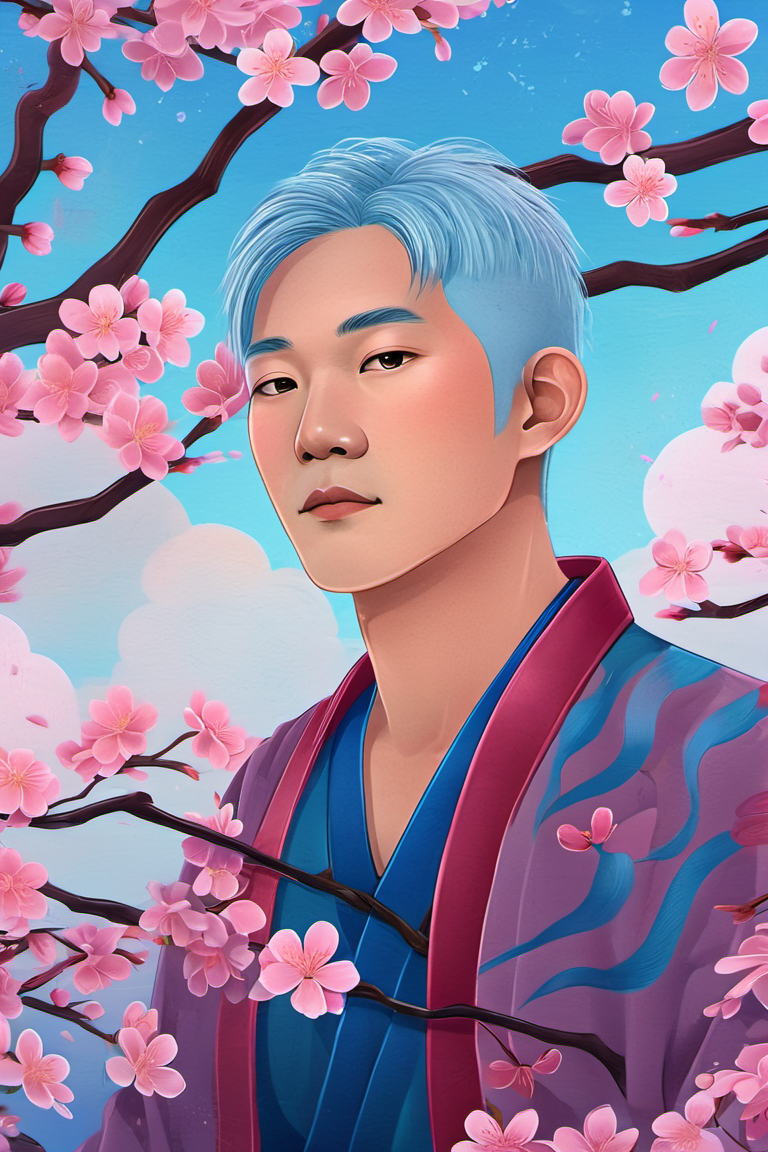 modern illustration of an asian man with blue hair, surrounded by cherry blossoms, fantastical, magical, intricate, natural lighting