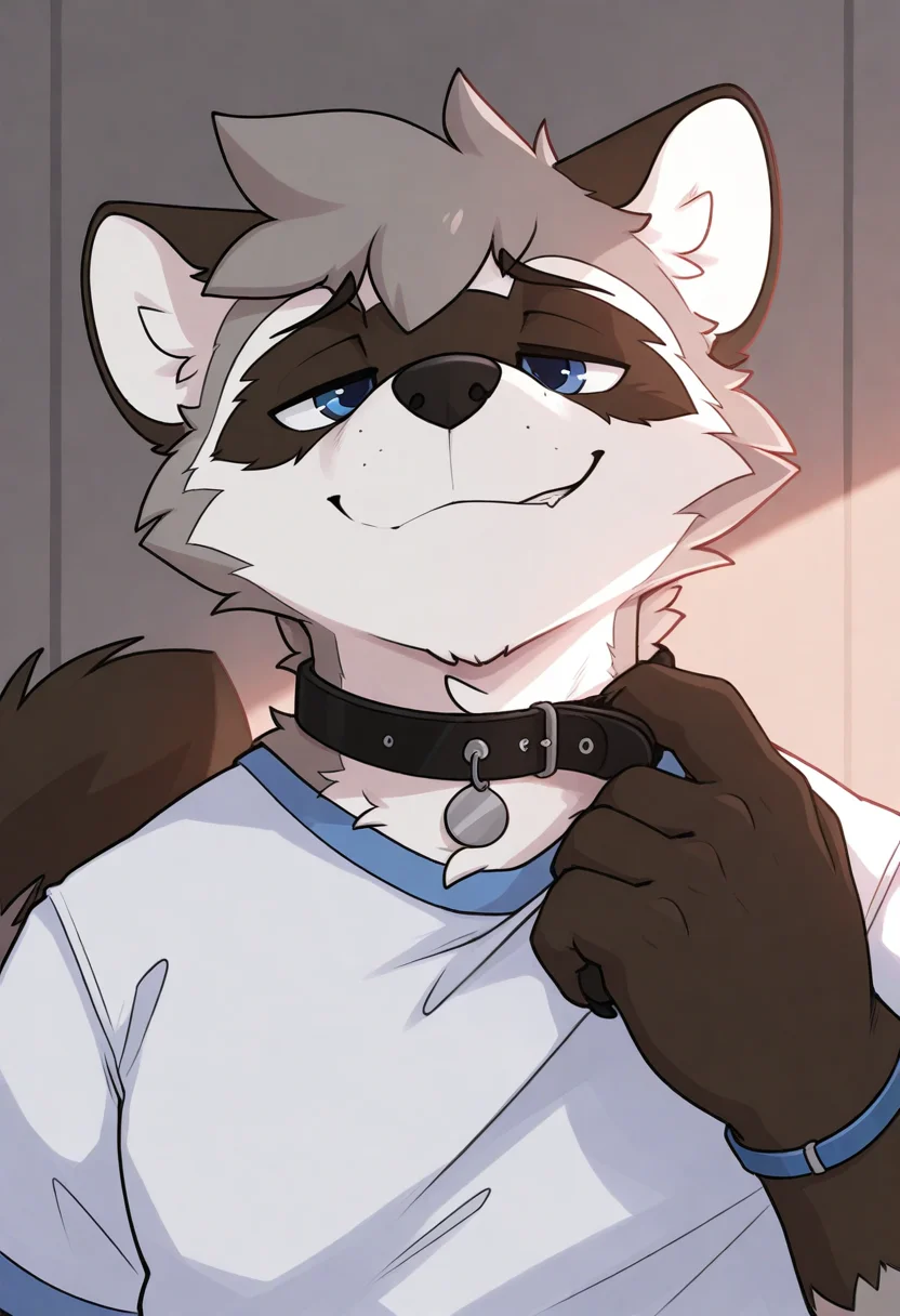 best quality, amazing quality, very aesthetic, absurdres, newest, by pache riggs, male focus, 1boy, solo, upper body, close up, BREAK
furry, raccoon, blue eyes, two-tone fur, tail, shirt, bara, seductive, bold, passionate, collar, collar pull, smug face, <lora:Pache_Riggs_style_Illustrious:1>