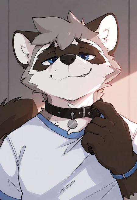 best quality, amazing quality, very aesthetic, absurdres, newest, by pache riggs, male focus, 1boy, solo, upper body, close up, BREAK
furry, raccoon, blue eyes, two-tone fur, tail, shirt, bara, seductive, bold, passionate, collar, collar pull, smug face, <lora:Pache_Riggs_style_Illustrious:1>