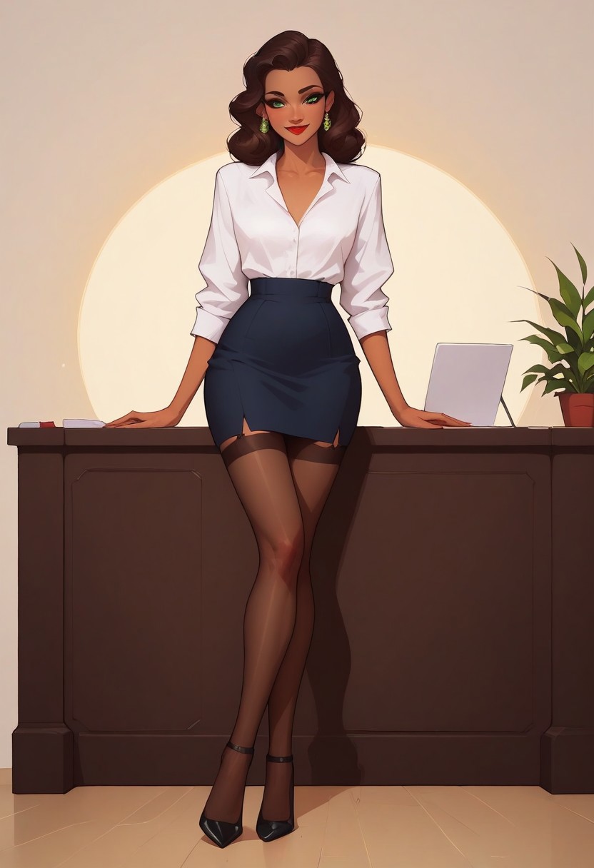 score_9, score_8_up, score_7_up, score_6_up, beautiful face, perfect eyes, p4int3dn0ir art style, 1girl, model, olive skin, green eyes, long brown hair, long legs, hourglass figure, makeup, red lips, white blouse, pencil skirt, thigh high stockings, high heels, sexy face, shy smile, sexy pose, in office