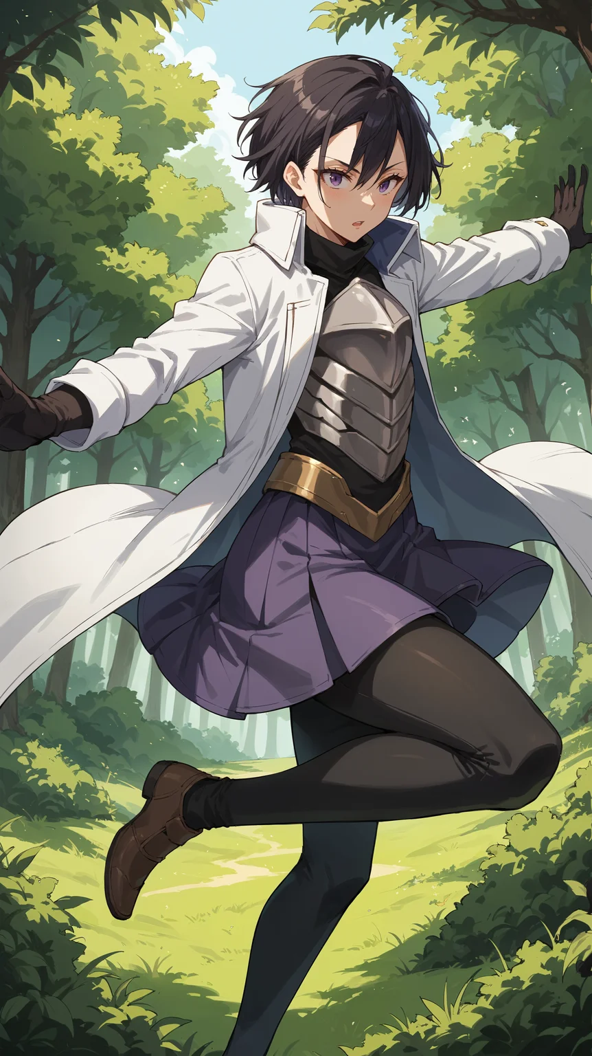 score_9,score_8_up,score_7_up,score_6_up, source_anime, zPDXL3, <lora:xl_more_art-full_v1:0.5>, girl, dynamic pose, jumping, <lora:Hinata_Sakaguchi - Pony-000004:0.8>, white coat, long coat, steel breastplate, black pants, purple skirt, short hair, black hair, purple eyes, high collar, black gloves, forest, trees, bushes,