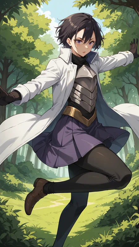 score_9,score_8_up,score_7_up,score_6_up, source_anime, zPDXL3, <lora:xl_more_art-full_v1:0.5>, girl, dynamic pose, jumping, <lora:Hinata_Sakaguchi - Pony-000004:0.8>, white coat, long coat, steel breastplate, black pants, purple skirt, short hair, black hair, purple eyes, high collar, black gloves, forest, trees, bushes,