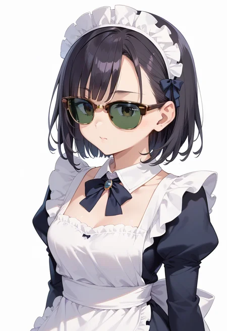 score_9, score_8_up, score_7_up, rating_safe, masterpiece, best quality, absurdres, unity 8k wallpaper, official art, official style, source_anime, uncensored, game cg, megami magazine,
1girl, solo, black hair, medium hair, upper body, covered eyes,maid, maid headdress, black dress, maid apron, face focus,
sirmont, sunglasses, white background, simple background, reflection, glasses, english text, brown-framed eyewear, yellow-framed eyewear, two-tone eyewear, darkgreen-tinted eyewear, covered eyes,
<lora:glasses_clubmaster_PONY_V1:1>