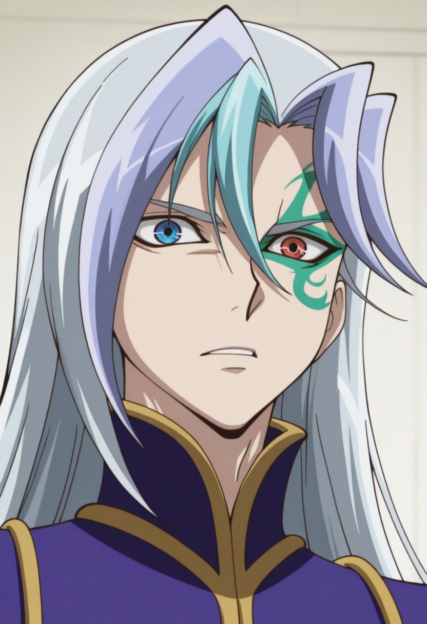 masterpiece,best quality,amazing quality, source_anime, 
chrisArclight, 1boy, male focus, solo, heterochromia, red eyes, blue eyes, green facial tattoo, multicolored hair, grey hair, blue hair, long hair, coat, purple coat,  portrait,