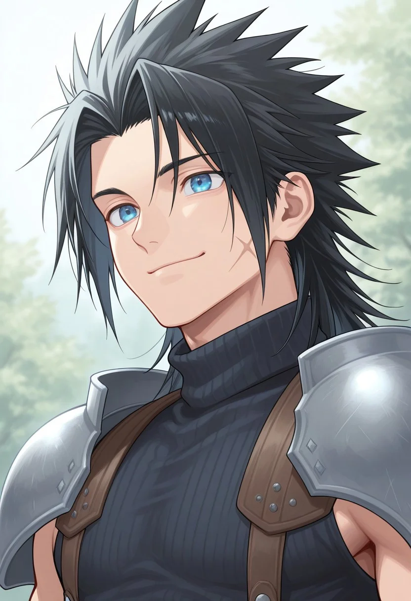 masterpiece,best quality,amazing quality, source_anime,
ZakkusuFea, 1boy, male focus, solo, blue eyes, black hair, spiked hair, medium hair, scar on cheek, shoulder armor, sleeveless turtleneck, portrait, smile, outdoor,