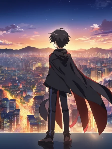 anime artwork <lora:Choi_Kang-rim_v1.18:0.8>, a young boy Choi Kang-rim black short hair and detailed green eyes with black pupil wearing a cape, black short hair, black cloak from neck to ankle, 8k, uhd, (masterpiece, best quality, ultra-detailed, best shadow), symbol-shaped_pupils, 12 years old, complex background, (epic background:1.4), (detailed background), glowing seoul night background, looking at the camera, warm friendly expression . anime style, key visual, vibrant, studio anime, highly detailed